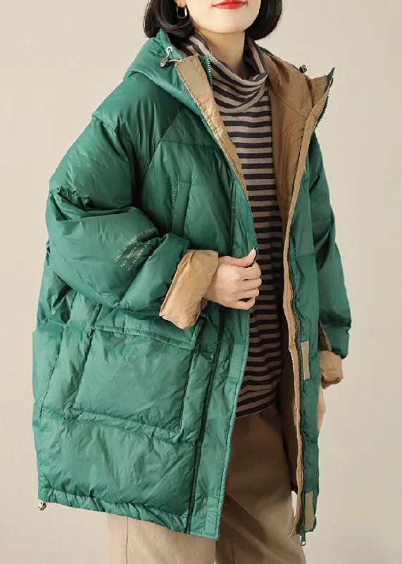 fashionable belted wool coat for women -Boho Green zippered Graphic Loose Winter Duck Down Puffer