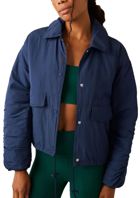 stylish knit jacket for women -Off The Bleachers Coaches Jacket In Midnight Navy