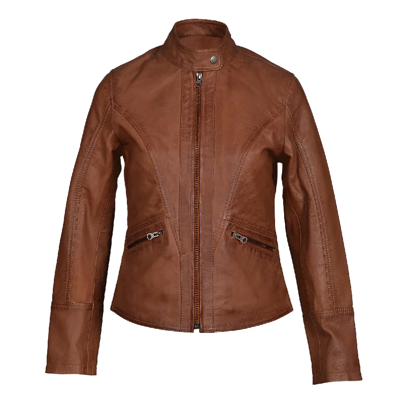 casual coats for women -Dione’s Moto Style Sand Washed Leather Jacket With Buttoned Collar