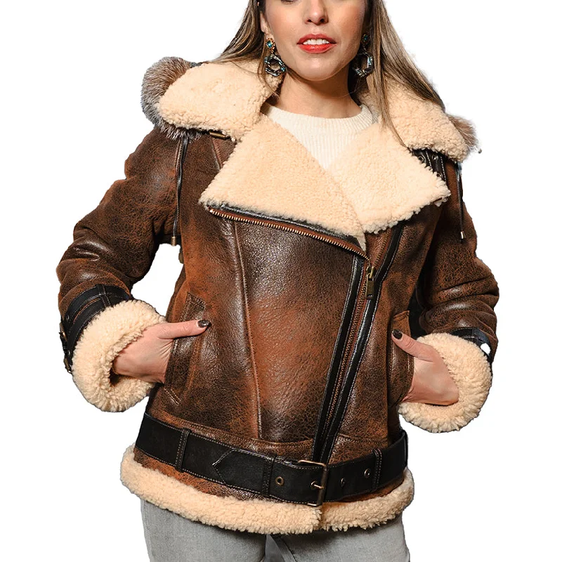 stylish leather jacket for women -Women's Rocco Vintage Distressed Brown Shearling Jacket