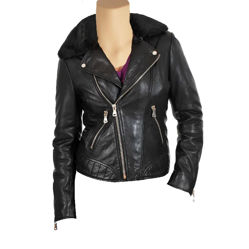 women's asymmetrical zip jacket -Women’s Biker Style Leather Jacket With Fur Collars