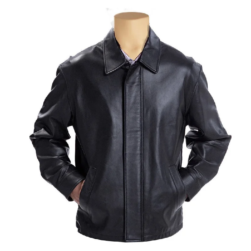 women's casual denim jacket -Plain black classic leather jacket with collars