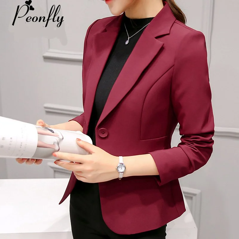 women's slim fit blazer -PEONFLY Ladies Blazers 2018 New Fashion Single Button Blazer Women Suit Jacket bule/red Blaser Female Blazer Femme