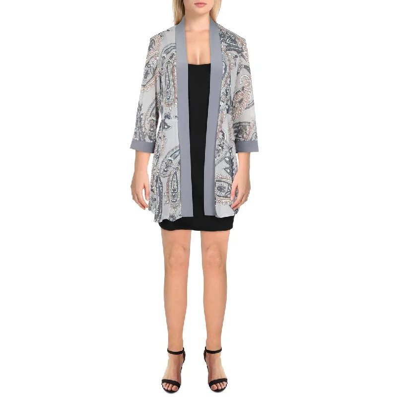 ladies' designer overcoat -R&M Richards Womens Petites Mesh Printed Duster Blazer