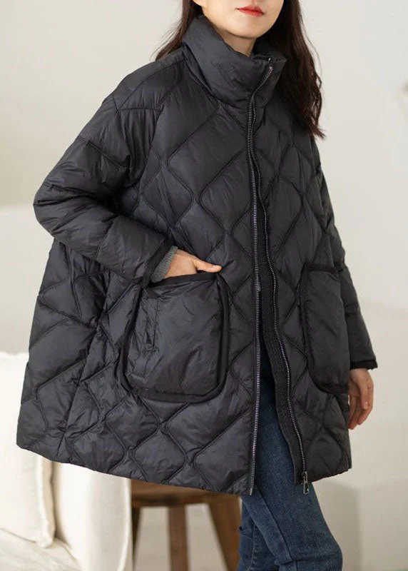 trendy plaid coat for women -Plus Size Black Stand Collar Zip Up Duck Down Puffers Jackets Winter