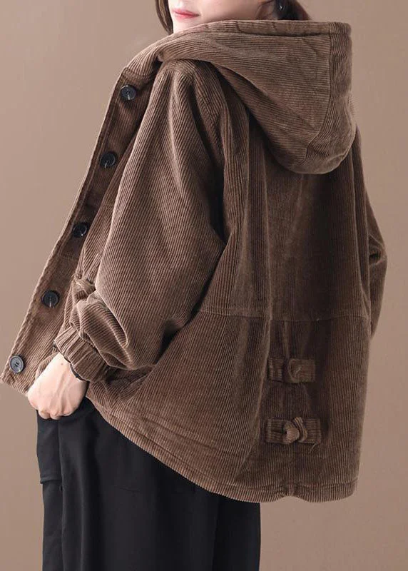 stylish knit jacket for women -Fine Chocolate Hooded Corduroy Winter Coats Warm Outwear