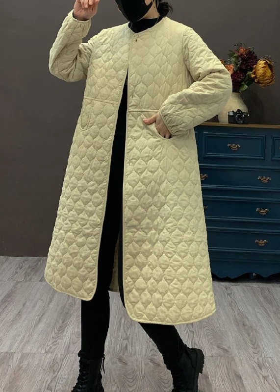 women's hooded winter jacket -Women Beige O Neck Pockets Fine Cotton Filled Coat Winter