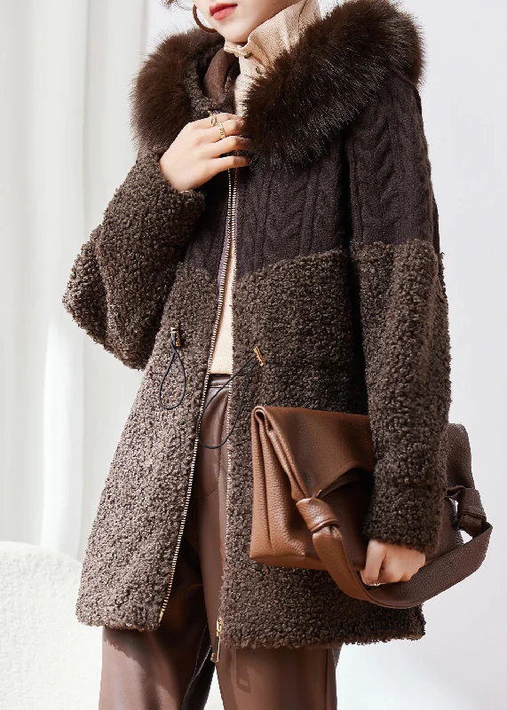 women's elegant cape coat -New Fashion Coffee Knitted Patchwork Faux Fur Thick Hooded Coats Winter