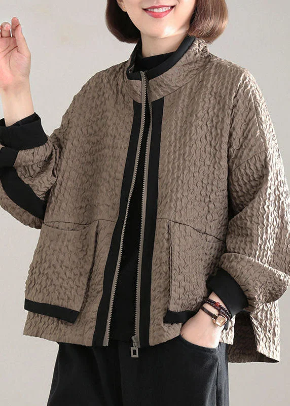 long elegant trench coat for women -Fitted Chocolate Patchwork Pockets Coat Spring