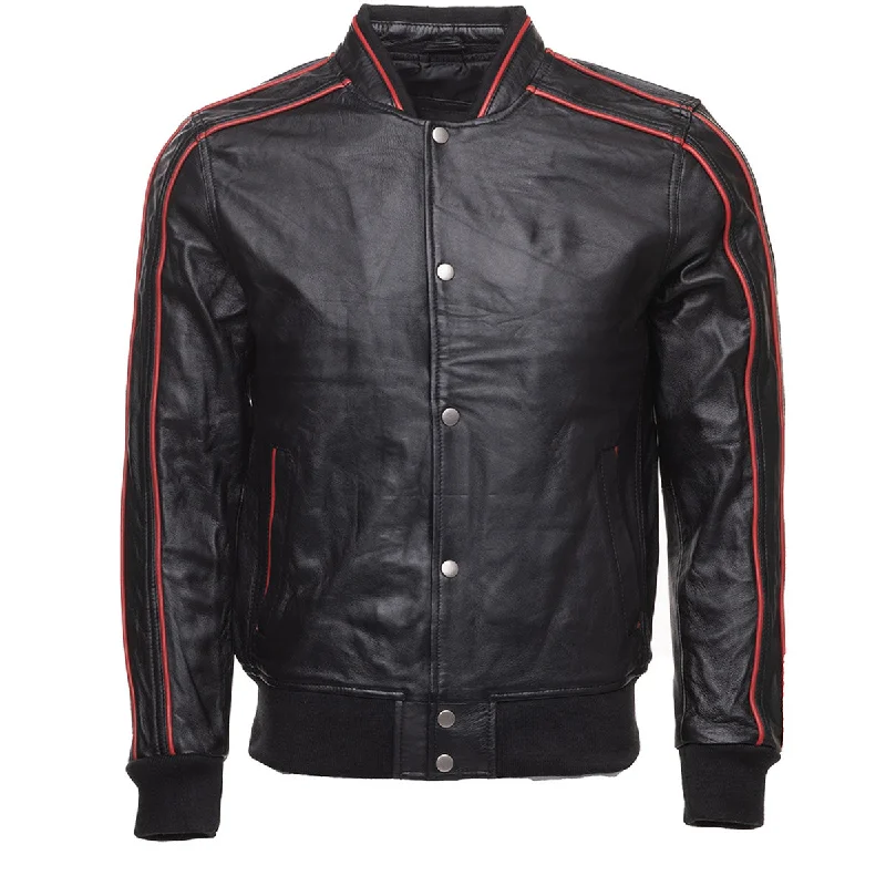 stylish longline coat for women -William black bomber leather jacket with red piping