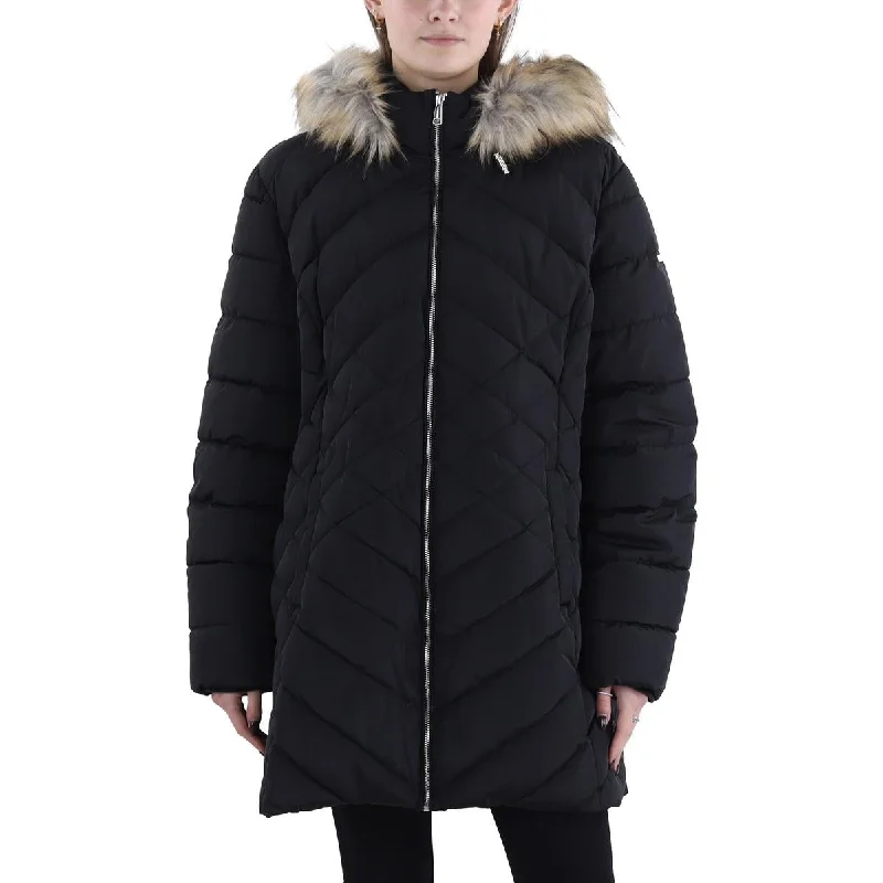 lightweight quilted jacket for women -Womens Faux Fur Trim Hooded Puffer Jacket