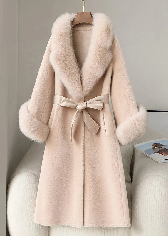 ladies' lightweight anorak coat -Beige Pockets Patchwork Fuzzy Fur Long Coat Fur Collar Long Sleeve