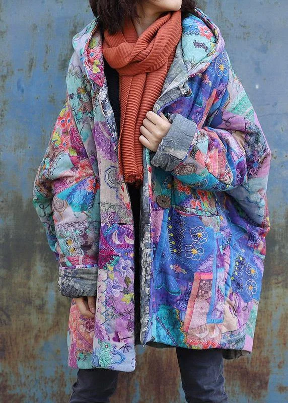 women's reversible coat -2024 Purple Prints Overcoat Oversized Warm Winter Coat Hooded Patchwork Overcoat