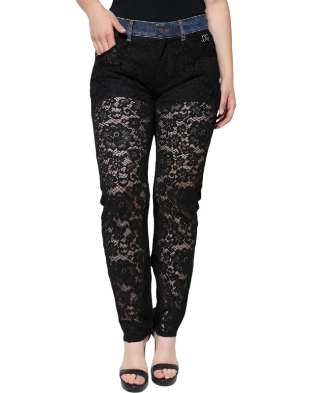 loose baggy high-rise jeans for ladies -Dolce & Gabbana  Floral Lace Front Skinny blue Women's Jeans