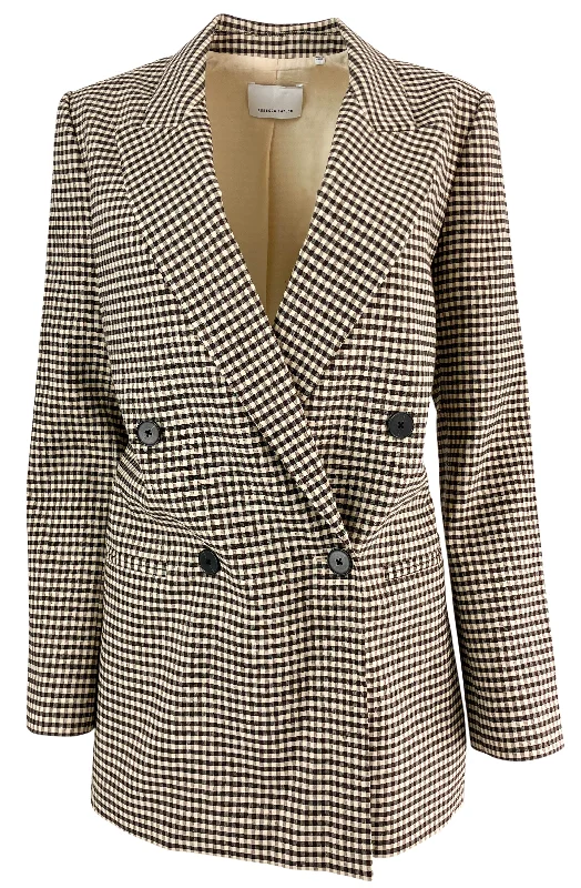 women's oversized corduroy jacket -Rebecca Taylor Linen Blend Double Breasted Blazer in Brown Check