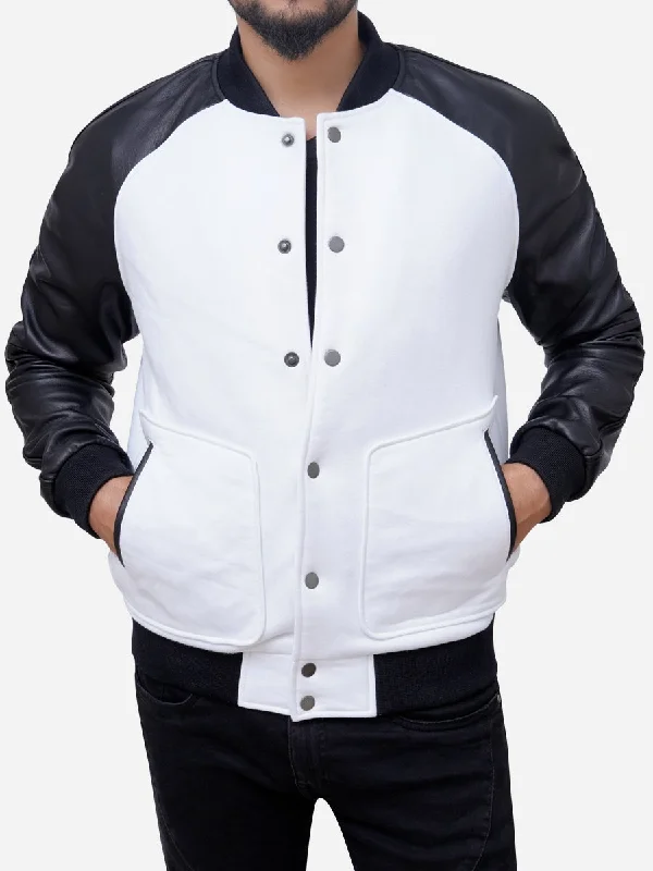 women's cropped bomber jacket -Stanley Black and White Varsity Bomber Jacket