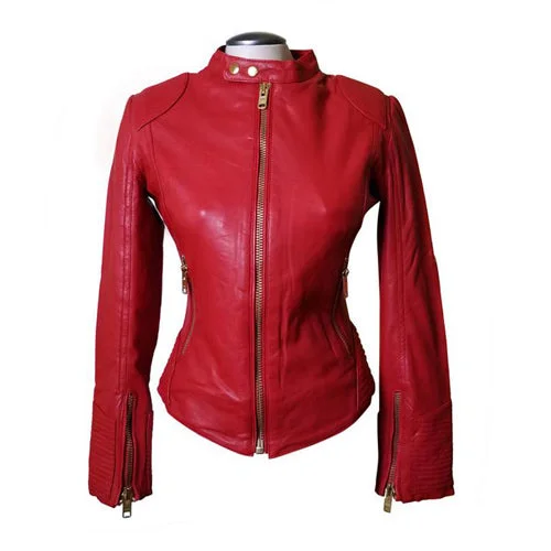 trendy plaid coat for women -Kirby’s Red Leather Jacket With Buttoned Collar