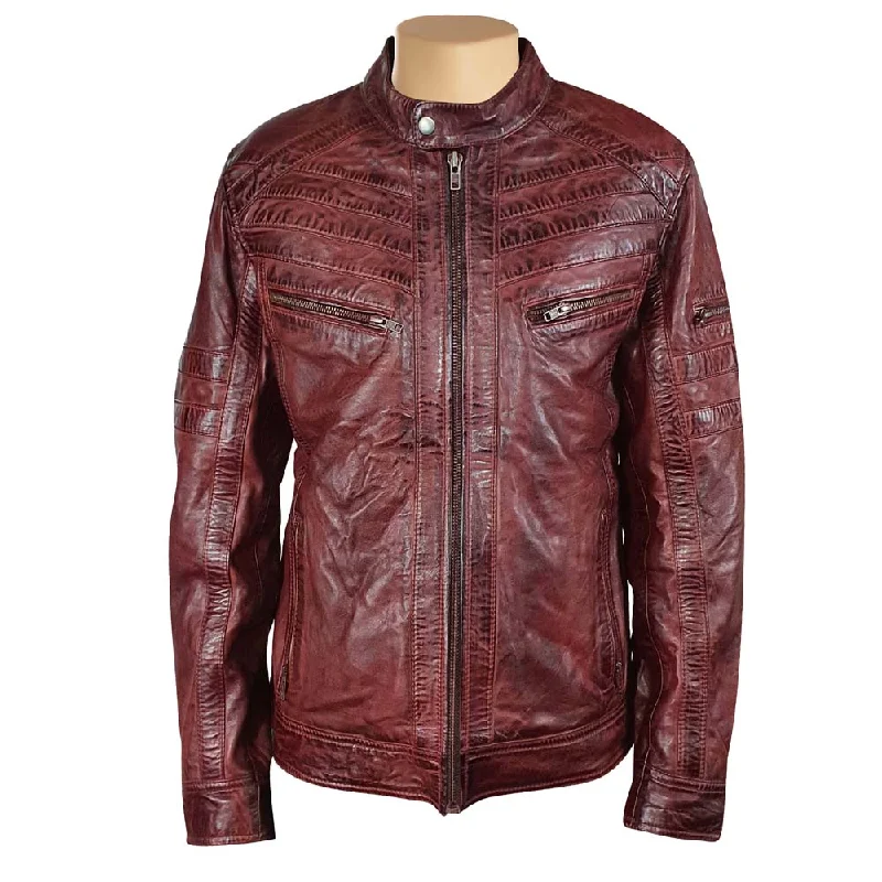 ladies' longline puffer coat -Charley Ellwood's moto style Burnished Burgundy Leather Jacket