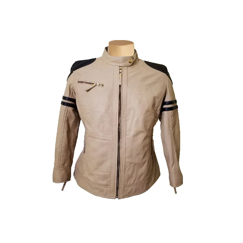 waterproof windproof raincoat for women -Senan’s Beige and Brown Moto Style Leather Jacket