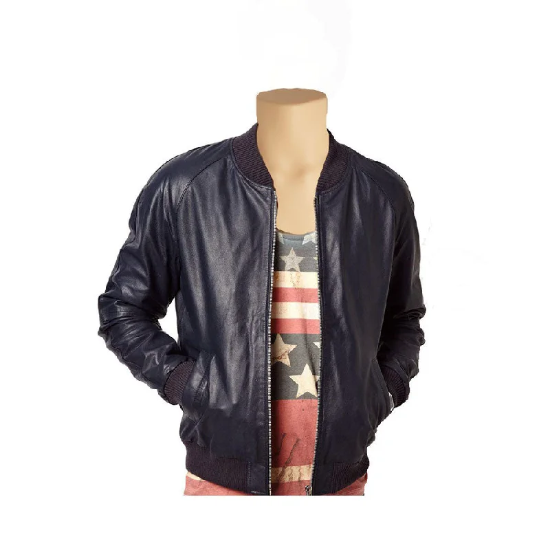 ladies' waterfall drape coat -Navy blue bomber style leather jacket