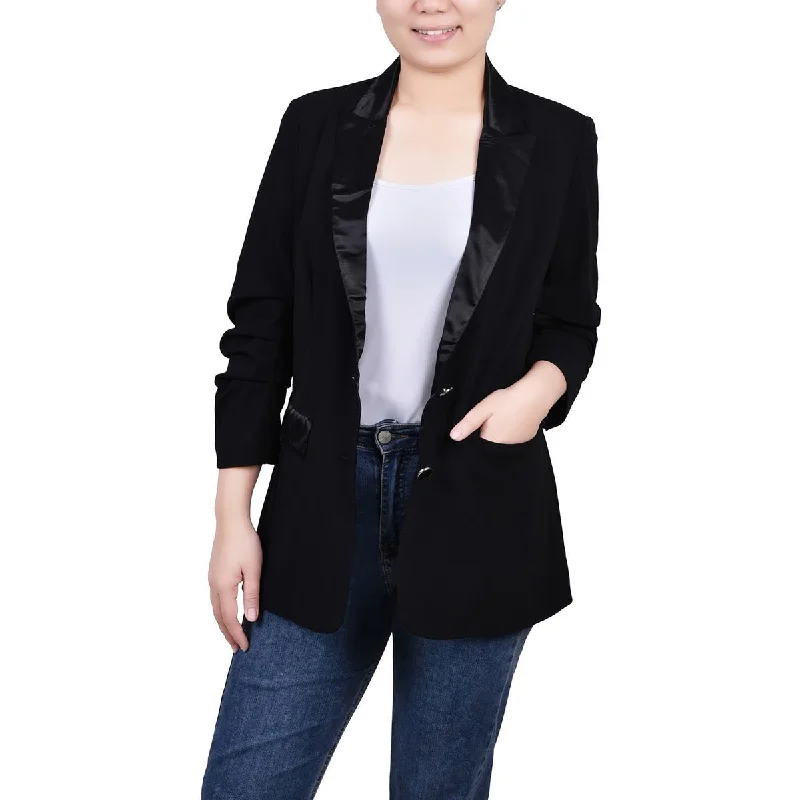 military-style coat for women -NY Collection Womens Petites Satin Trim Trendy Two-Button Blazer