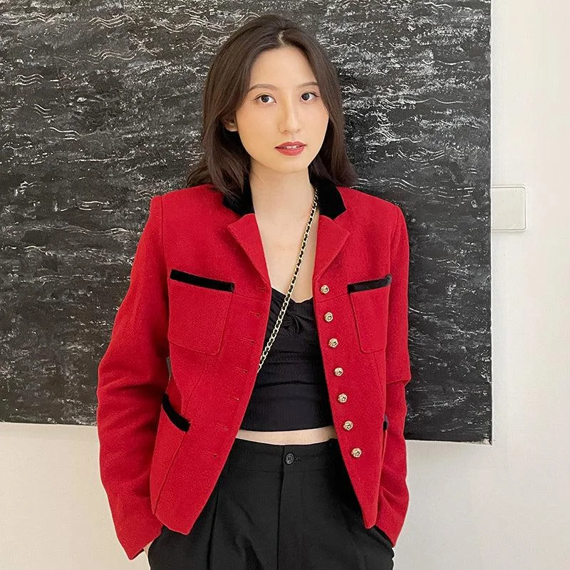 trendy plaid coat for women -Red Short Wool Blazer Jacket Coat