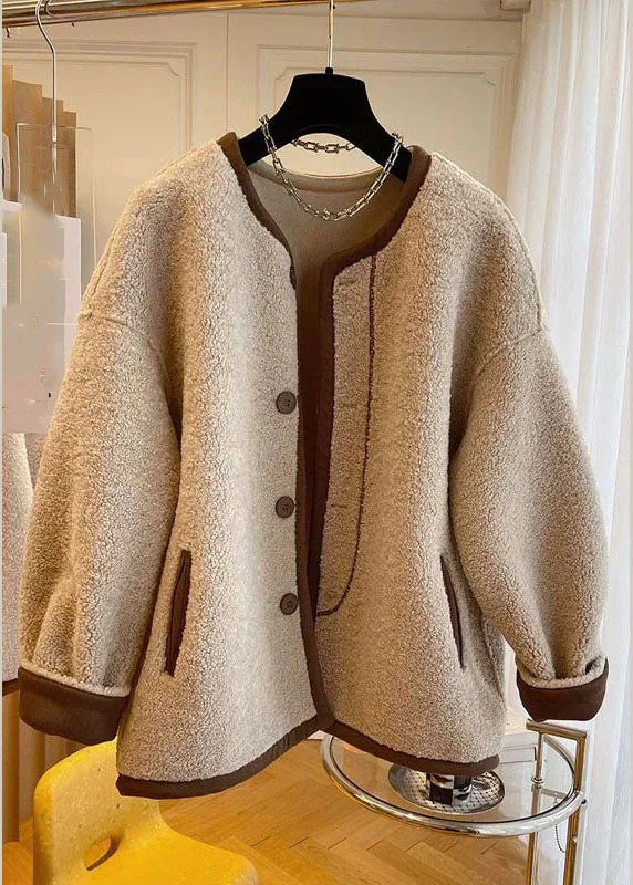 trendy plaid coat for women -French Khaki O-Neck Patchwork Button Faux Fur Coats Winter