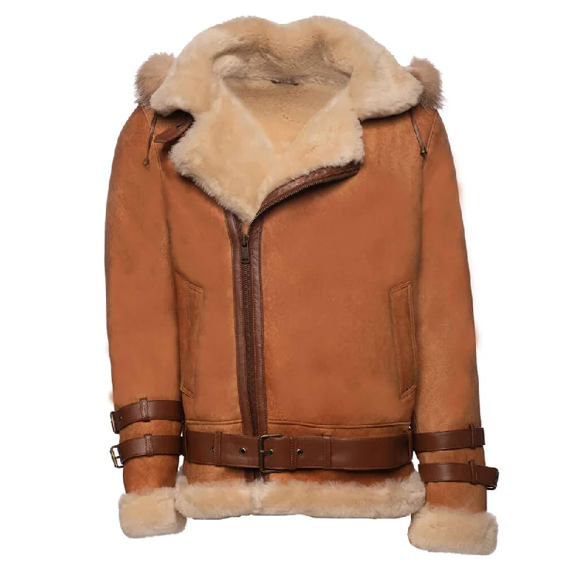 women's belted trench coat -Rocco Vintage Cognac Aviator bomber shearling jacket with Fox trim hoodie