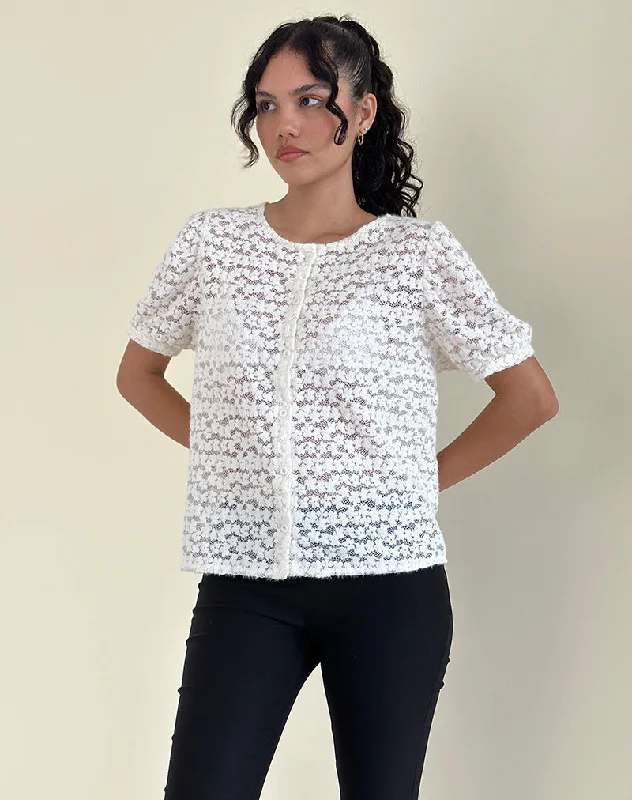 ladies' short sleeve top -Kaelyn Top in Dahlia Lace Ivory