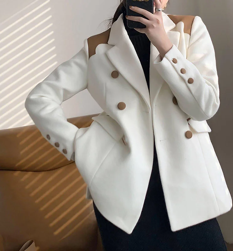 women's bohemian style kimono jacket -White Wool Faux Leather Blazer Suit Coat