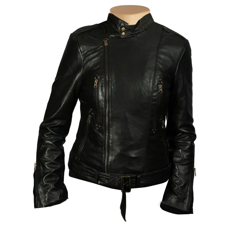 women's hooded winter jacket -Womens Lynn Black Leather Jacket With Side Zipper