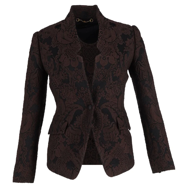 sporty track jacket for women -Gucci 2010s Floral-Jacquard Blazer in Brown Wool