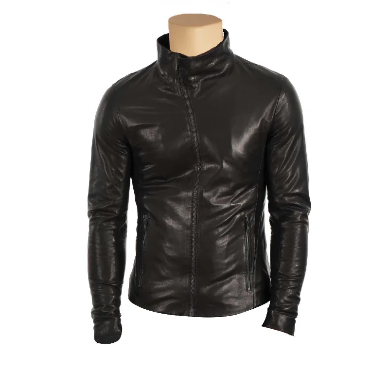 women's lightweight cargo jacket -Black leather jacket with high neck pullover