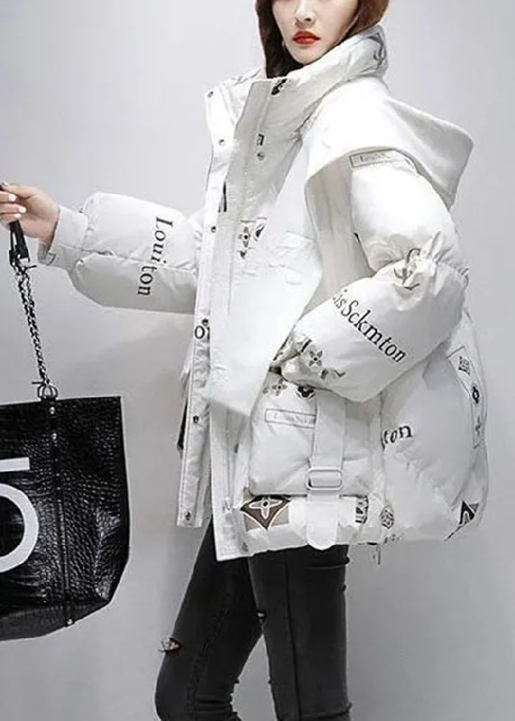 women's asymmetrical zip jacket -Fine White Hooded Letter Print Duck Down Puffer Jacket Winter