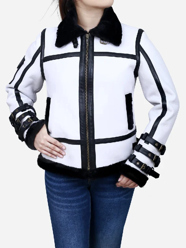 warm down coat for women -Medusa Women's White Leather B3 Bomber Jacket