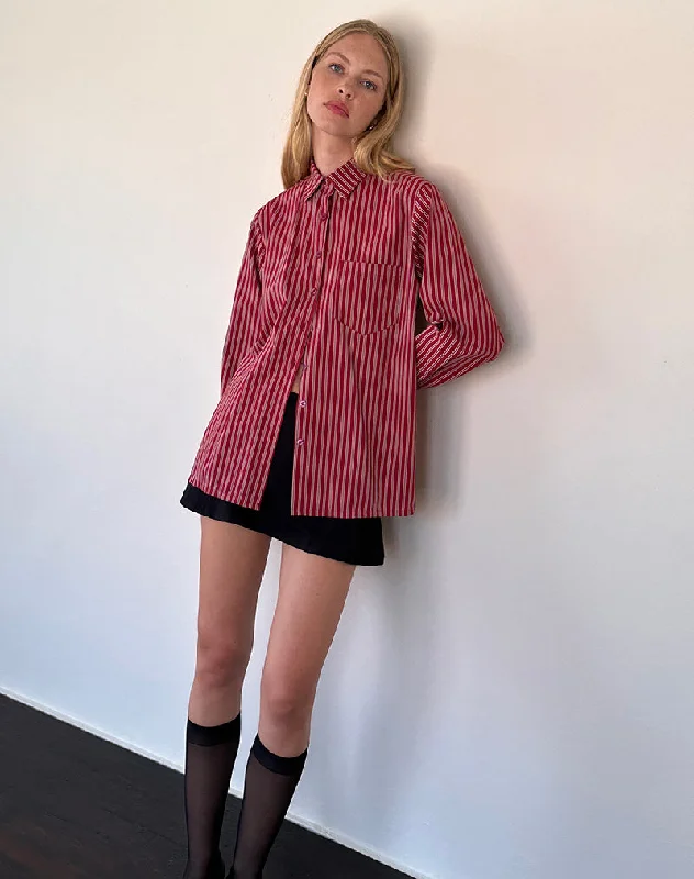 ladies' cowl neck blouse -Turner Oversized Shirt in Maroon Stripe