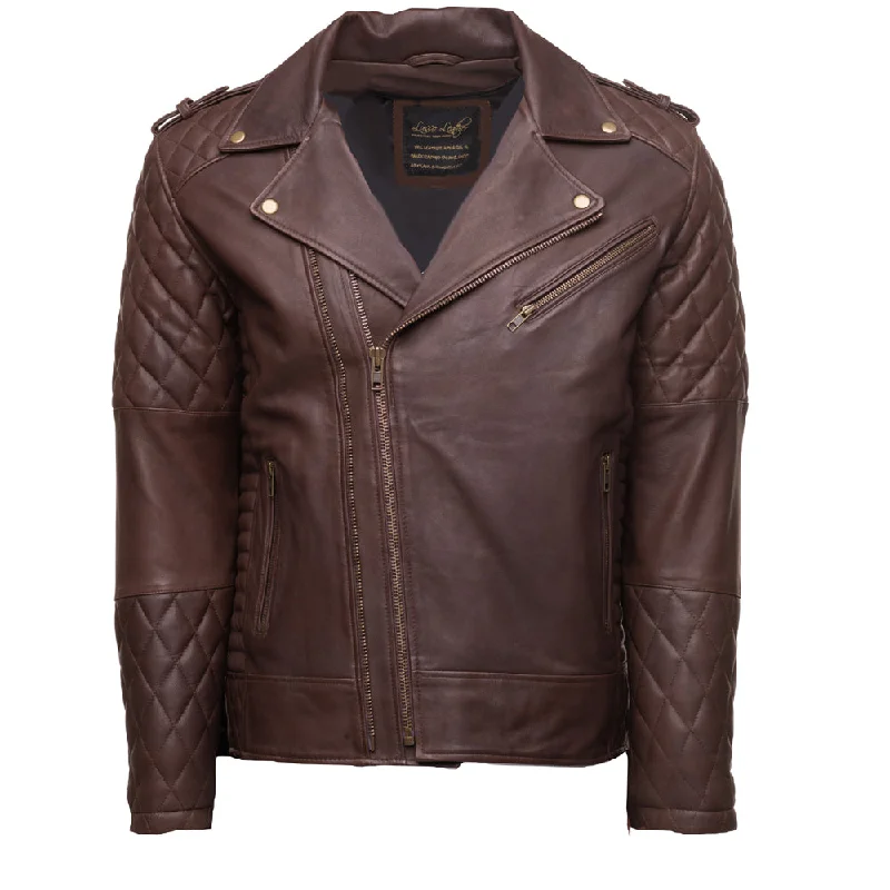 women's hooded winter jacket -Brown Quilted Biker leather jacket with diamond stitching details