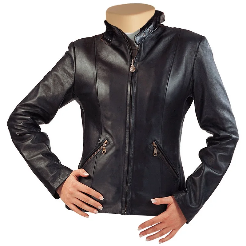 warm padded coat for women -Womens Katherine Black Leather Jacket With Front Zipper