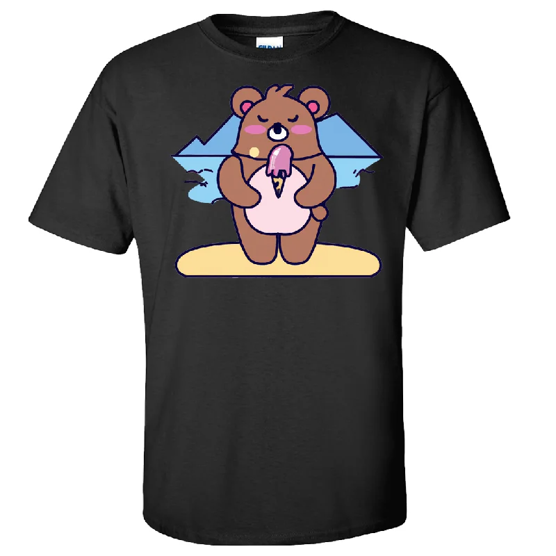 women's v-neck t-shirt -Kawaii Grizzly Bear Eating Ice Cream Asst Colors T-shirt/tee