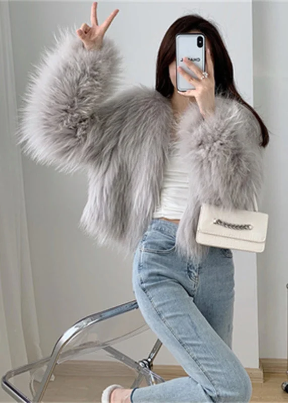 luxury faux fur coat for women -Light Grey Patchwork Faux Fur Coat V Neck Winter