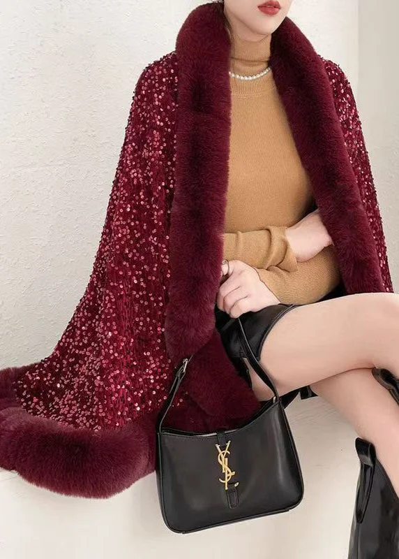 soft touch sherpa coat for women -Chic Red Fur Collar Sequins Warm Fleece Cape Coat Winter