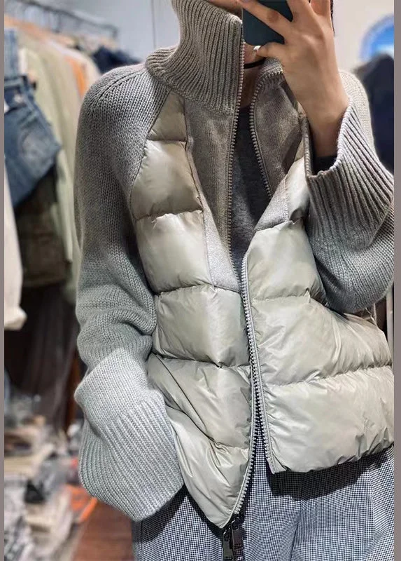 zip-up casual anorak jacket for women -Loose Grey Turtleneck Zip Up Knit Patchwork Parka Long Sleeve