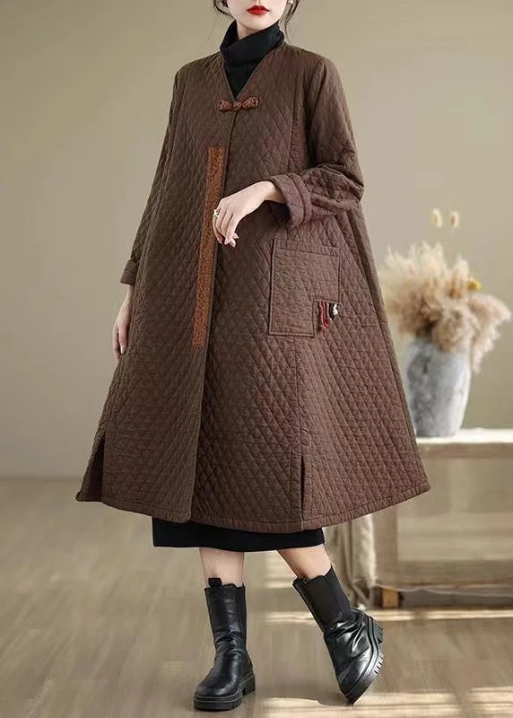 women's belted trench coat -Coffee Pockets Fine Cotton Filled Women Retro Coats V Neck Winter