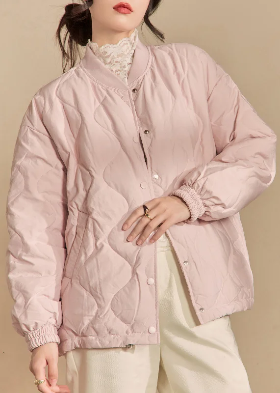 classic trench raincoat for women -Simple Pink Stand Collar Button Pockets Parkas Winter