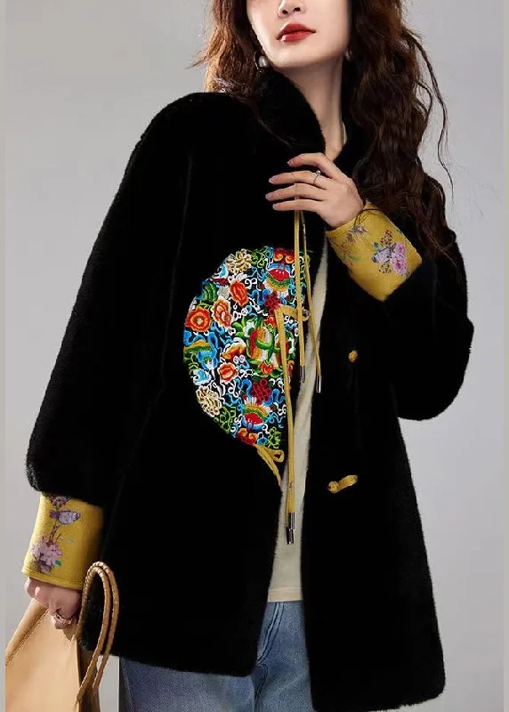 women's double-breasted coat -Chinese Style Black Tasseled Embroidered Leather And Fur Coats Spring