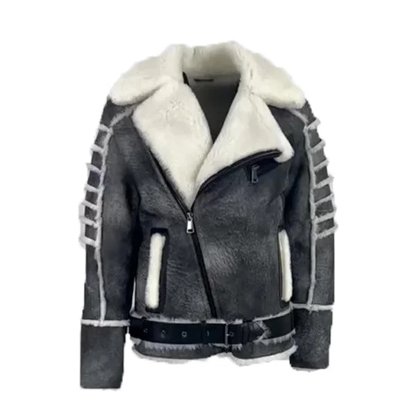 cozy oversized wrap coat for women -Albert distressed Grey shearling biker style jacket