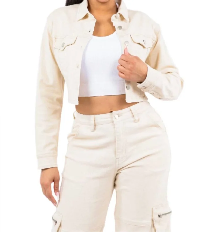 casual linen jacket for women -Cropped Lace-Up Jacket With Button Front In Ivory