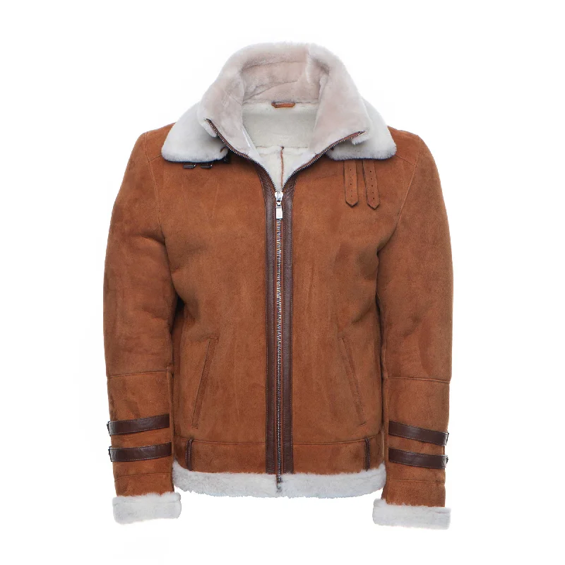 ladies' long hooded winter coat -Hagan's Tan Aviator bomber Suede shearling jacket