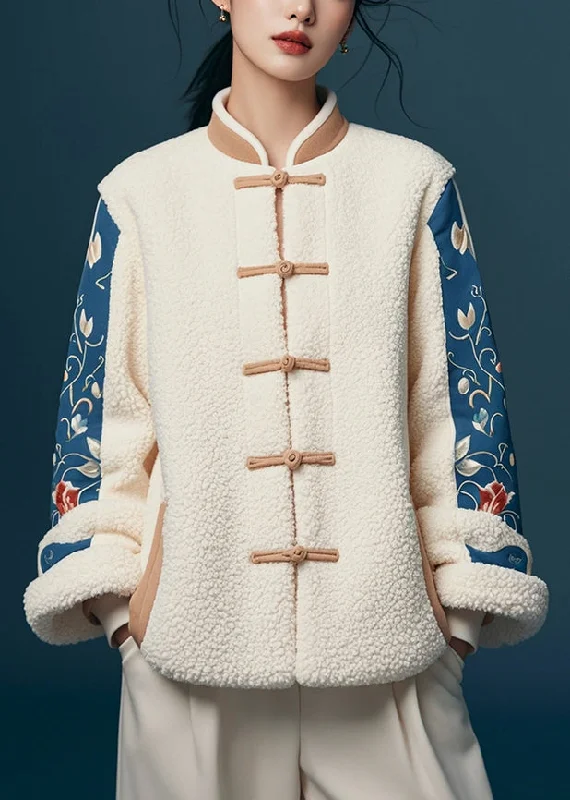 stylish longline coat for women -Women White Button Print Patchwork Teddy Faux Fur Coats Winter