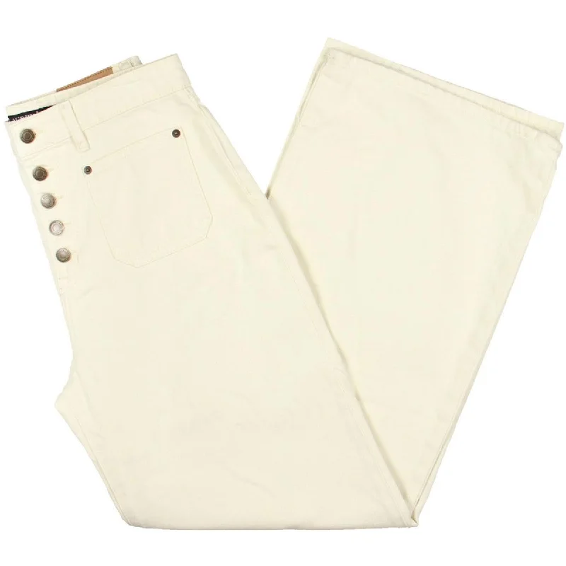 trendy mom jeans for women -Womens Button Pockets Wide Leg Jeans